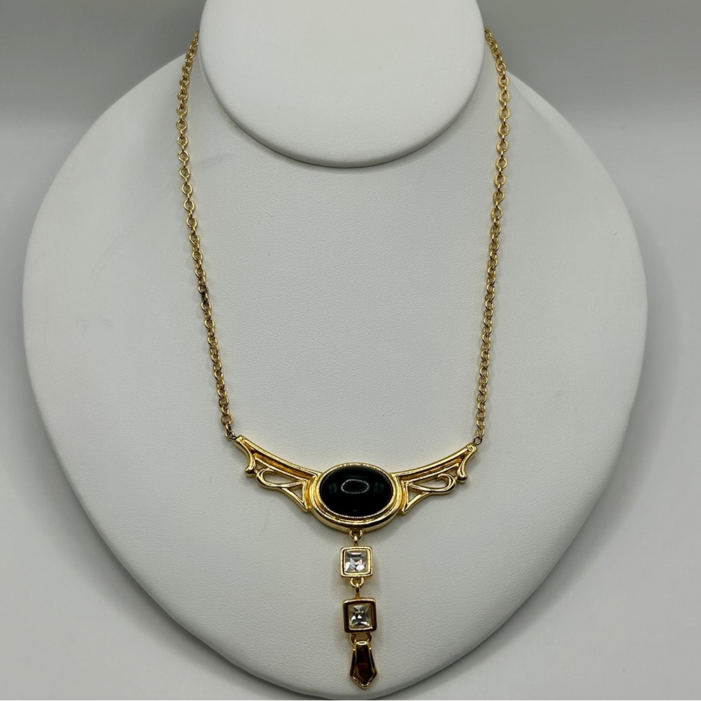 Monet Vintage 80’s Necklace Gold Black Oval Center Two Rhinestone Pendant